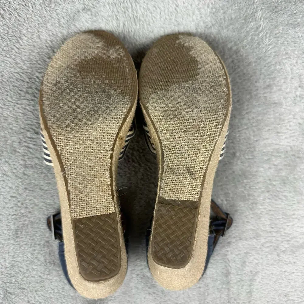 TOMS Wedge Sandals Womens 9.5‎ Navy Blue White Striped Good Espadrille Canvas